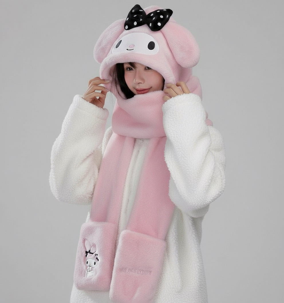 Sanrio Winter Bow-Style 3-in-1 Hat Scarf Gloves – Cute Kawaii Plush Winter Set for Hello Kitty Fans