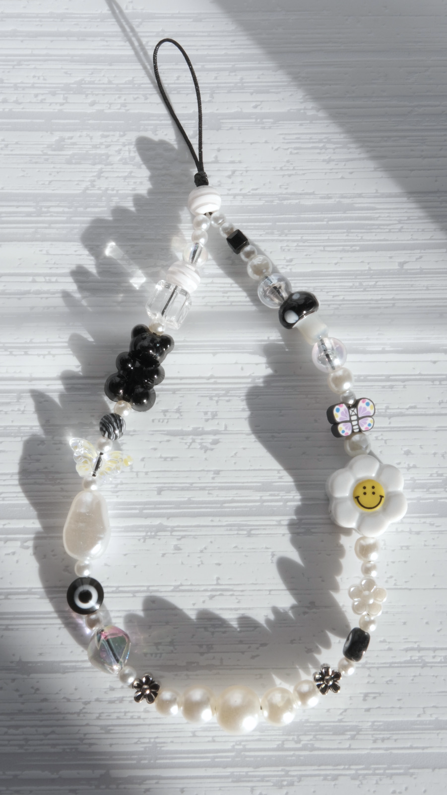 Black Smiley Beaded Phone Strap