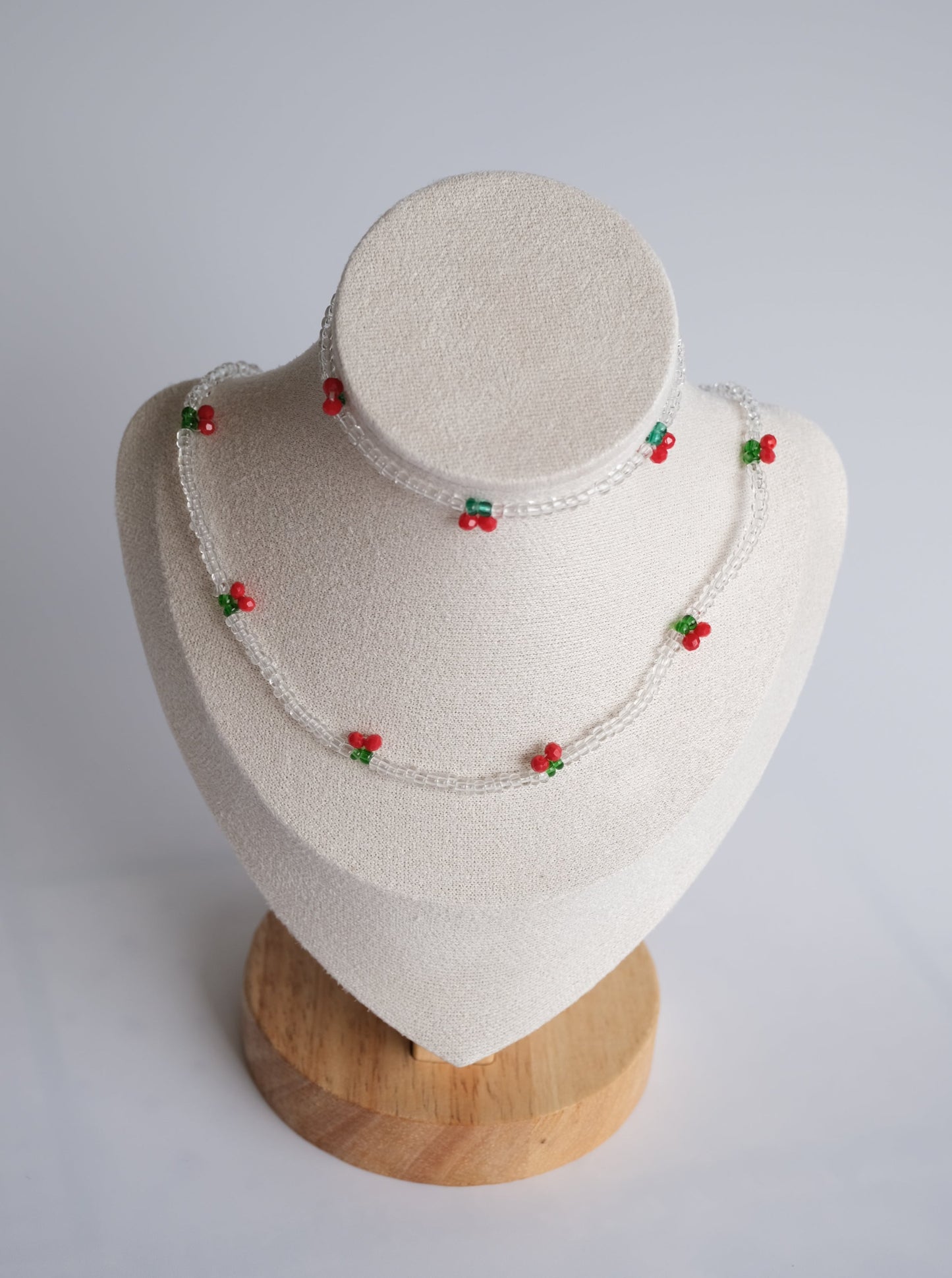 Clear Cherry Beaded Necklace and Bracelet Set, Front SideClear Cherry Beaded Necklace and Bracelet Set, Front Side
