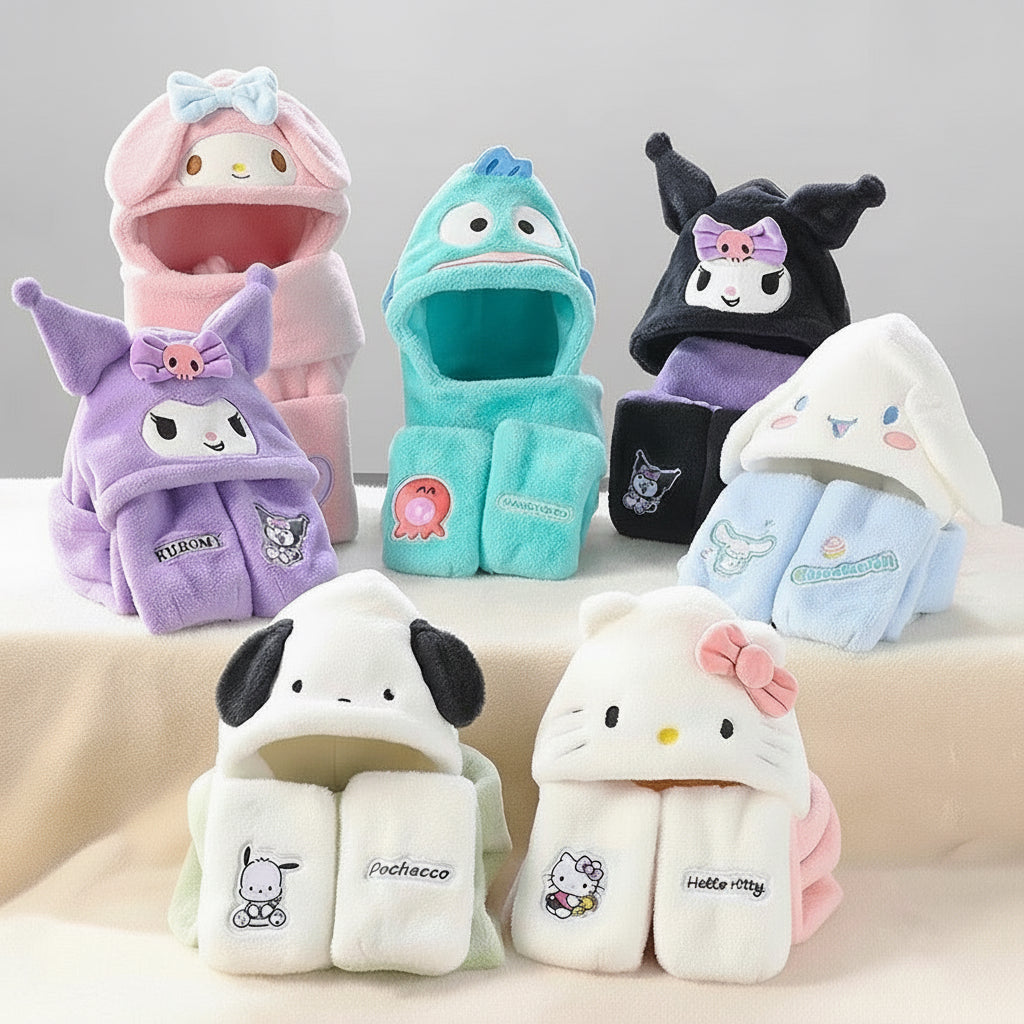 Sanrio Winter Hat Scarf Glove 3-in-1 Set – Cute Kawaii Plush Fleece Outfit for Hello Kitty Fans