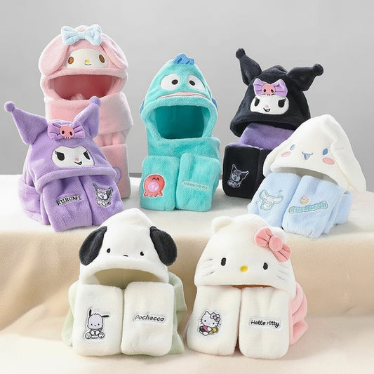 Sanrio Winter Hat Scarf Glove 3-in-1 Set – Cute Kawaii Plush Fleece Outfit for Hello Kitty Fans