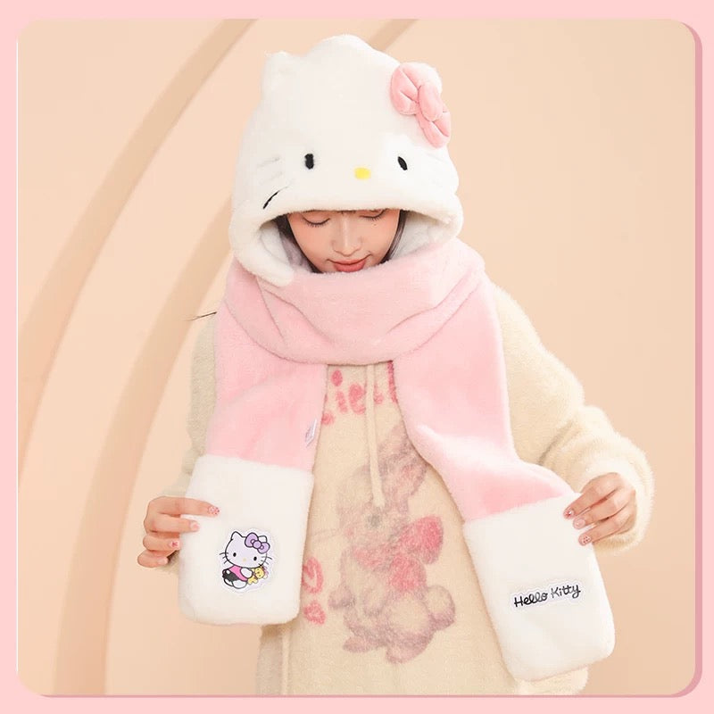 Sanrio Winter Hat Scarf Glove 3-in-1 Set – Cute Kawaii Plush Fleece Outfit for Hello Kitty Fans