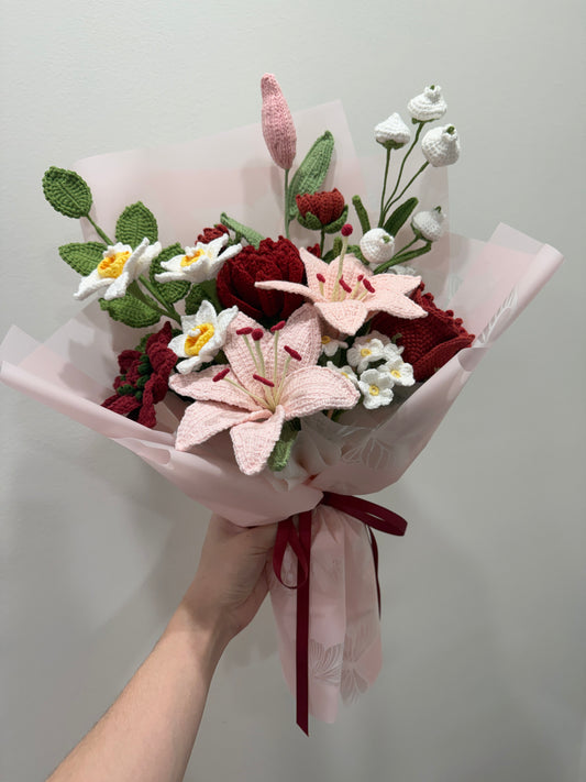 Burgundy Crochet Flower Bouquet Custom Flower Arrangement