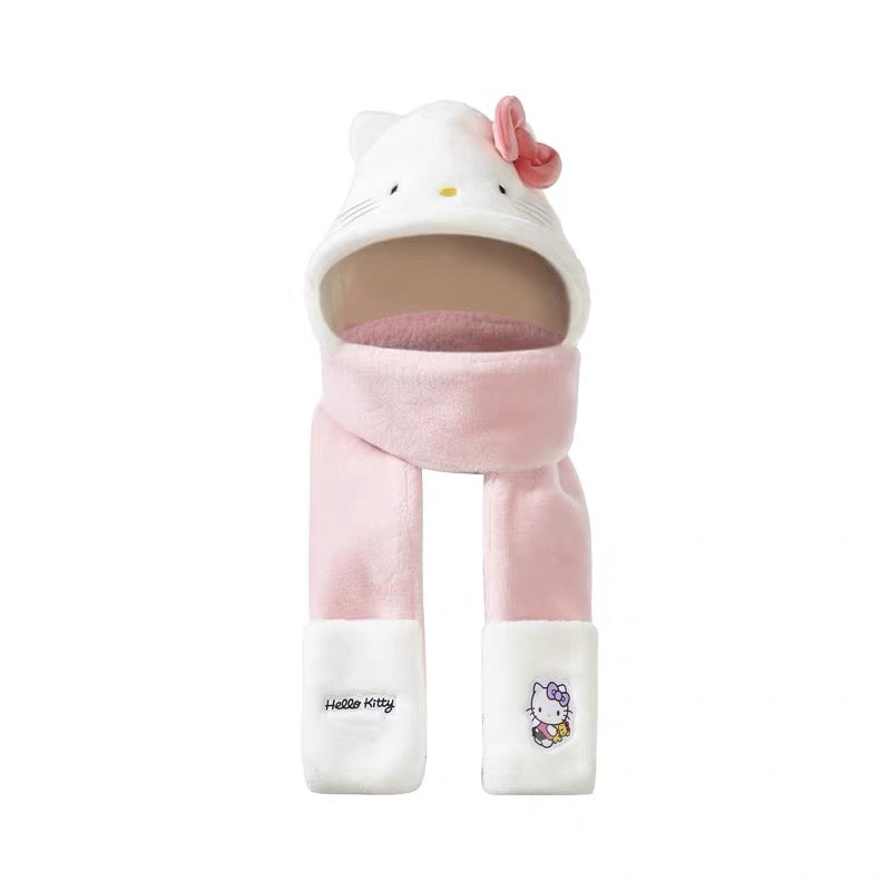 Sanrio Winter Hat Scarf Glove 3-in-1 Set – Cute Kawaii Plush Fleece Outfit for Hello Kitty Fans