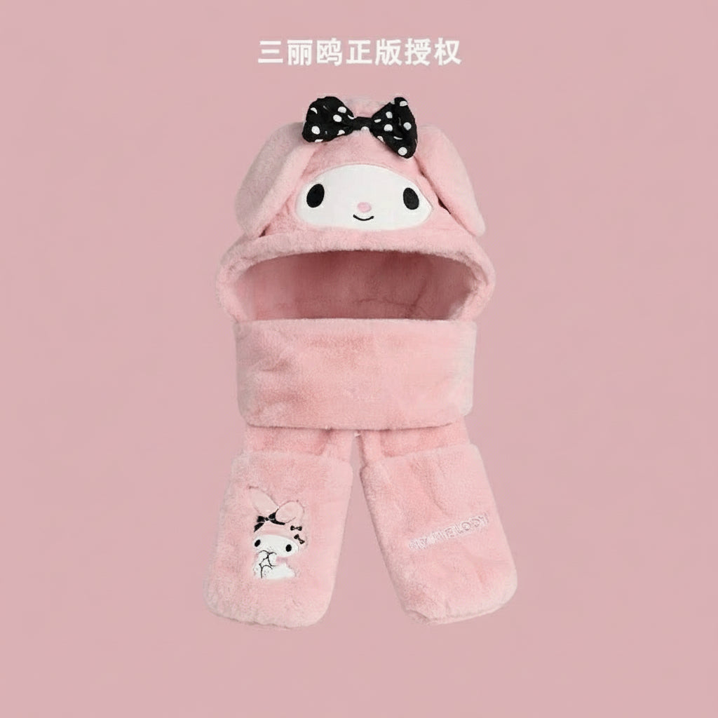 Sanrio Winter Bow-Style 3-in-1 Hat Scarf Gloves – Cute Kawaii Plush Winter Set for Hello Kitty Fans