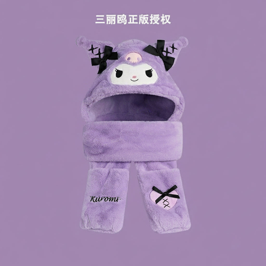 Sanrio Winter Bow-Style 3-in-1 Hat Scarf Gloves – Cute Kawaii Plush Winter Set for Hello Kitty Fans