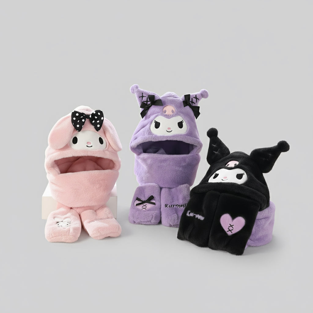 Sanrio Winter Bow-Style 3-in-1 Hat Scarf Gloves – Cute Kawaii Plush Winter Set for Hello Kitty Fans